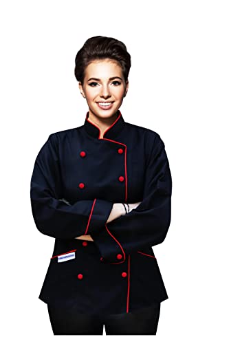 Long Sleeves Tailored Fit Chef Jacket Coat Uniform for Women for Food Service, Caterers, Bakers and Culinary Professional (XXL (to Fit Bust 42-43), Black (Red Trim))