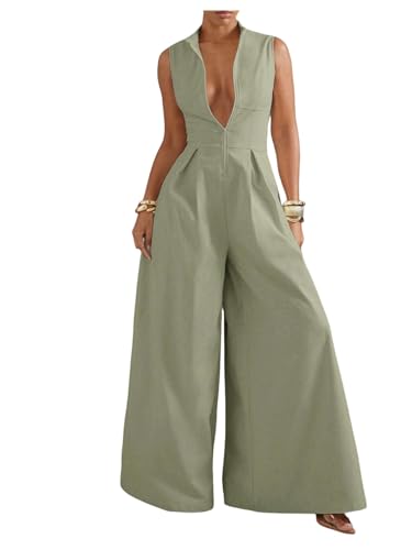 Verdusa Women's Zip Up Wide Leg Jumpsuits Sleeveless One Piece