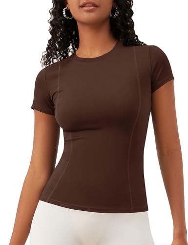 IECCP Women's Sports T-Shirt Ladies T-Shirts Sports Gym Running Tops T Shirts Fitness Yoga Shirts Summer Fitness Tops Dark Brown L