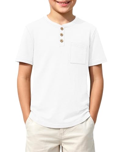Jungen T-Shirt für Baumwolle Sommer Kurzarm mit Knopfleiste und Brusttasche einfarbig lässig für täglich für Jungen im Alter von 9-10 Jahren Weiß