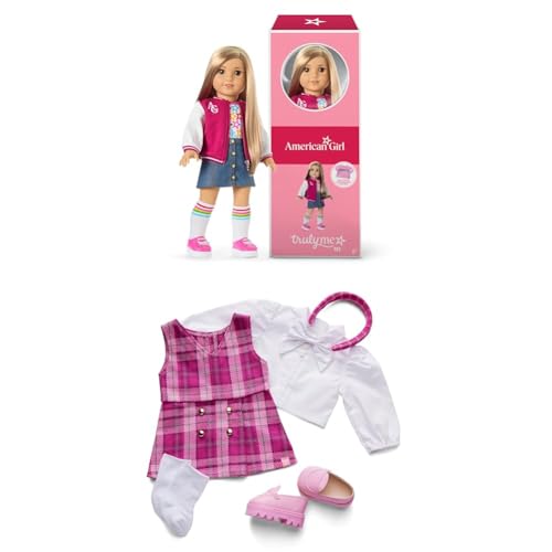 Image of Bundle of American Girl, Truly Me 18-inch Doll #131 with Brown Eyes, Straight Blonde Hair, Light-to-Medium Skin, for Ages 6+ + Truly Me 18-inch Doll Outfit, Pink & Preppy Outfit, for Ages 6+