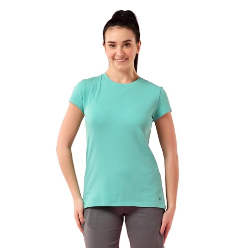 Image of Enamor Short Sleeve Crew Neck Regular Length Basic Crew T-Shirt for Women - Slim Fit, Soft and Breathable Stretch Cotton - E047