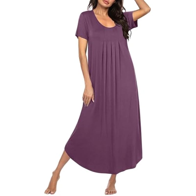 Ekouaer Long Nightgowns for Women House Dress Plus Size Sleepwear Pleated Full Length Loungwear S-4XL