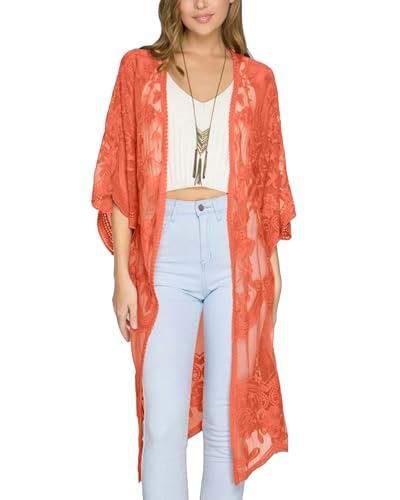 Bsubseach Mujeres Malla Encaje Playa Kimono Cardigan Frente Abierto Traje de baño Cubrir Trajes de baño Naranja