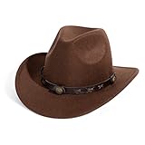 Gossifan Women Men Western Cowboy Cowgirl Hat Fedora Hat with Belt-Coffee