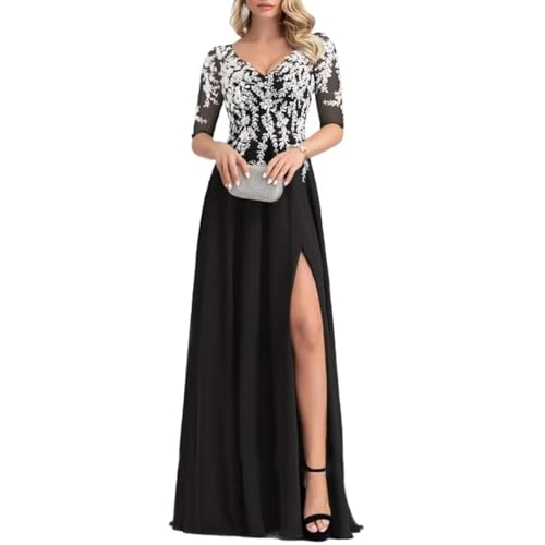 Half Sleeve Lace Chiffon Mother of The Bride Dresses Wedding Long V Neck Slit Formal Gowns Evening Dress for Women 2024