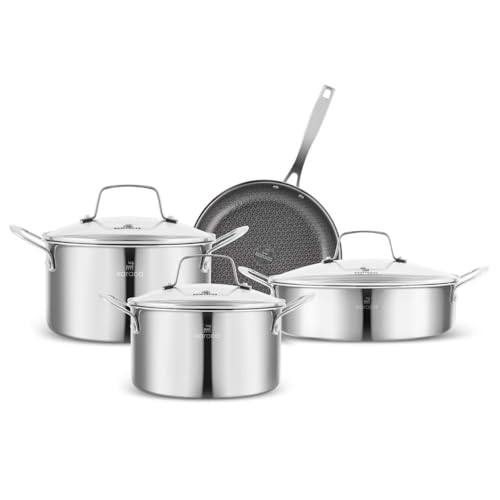 Karaca Ceramica Steel - Juego de ollas y sartenes de acero inoxidable de 3 capas, juego de utensilios de cocina de inducción de 7 piezas, ollas de cocina de cerámica antiadherente con tapas, color