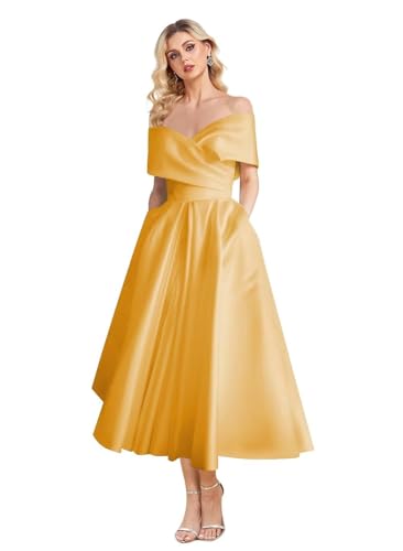 Image of Women's Off Shoulder Wedding Dress for Bride Tea Length A Line Satin Formal Prom Dresses with Pockets