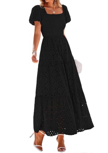 Image of PRETTYGARDEN Summer Dresses for Women 2026 Eyelet Square Neck Puff Sleeve Smocked Wedding Guest Maxi Dress with Pockets