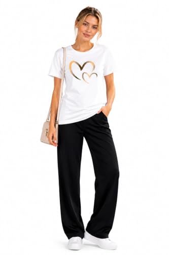 Image of ELVIA Women's Pure Cotton Top and Pyjama Co-Ord Set | Double Heart Graphic Printed Night Suit | Regular Fit Half Sleeve Round Neck T-Shirt with Pajama Sleepwear Loungewear Set
