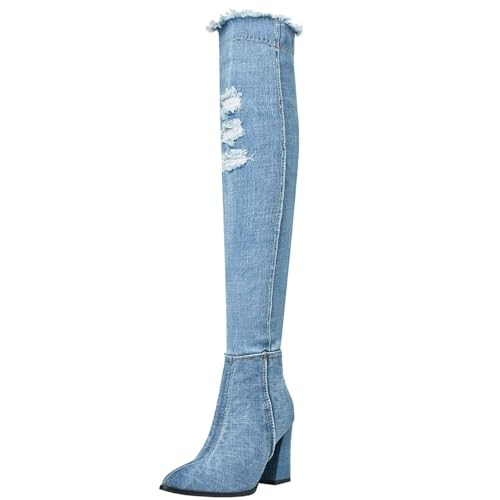 Agodor Women's Denim Thigh High Boots Cutout Over The Knee Blue Jean Boots (US 5, long light blue)