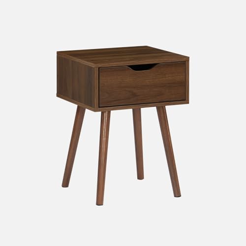 sweeek - Table de Chevet décor Bois teinté Noyer. 1 tiroir. Pieds Compas