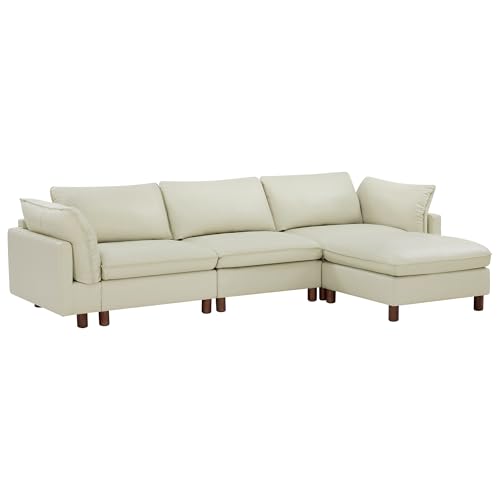 Image of CHITA 127 inch Leather Super Large Sectional Couches for Living Room, Modular Sofa, Premium Genuine Leather Sofa, Down Filled, High Density Foam, Real Leather in Cream, 4 Seat L Shaped