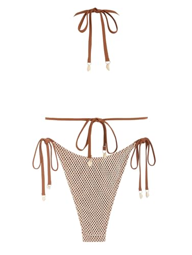 seamoly Women's Bikini Sets Halter Fishnet Shell Decorated Two Piece Swimsuit Sexy Side Tie Thong Bandeau Bathing Suits2