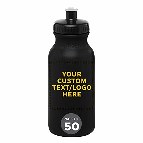 DISCOUNT PROMOS Custom 20 oz. Water Bottles with Push Cap Set of 50, Personalized Bulk Pack - Perfect for Gym, Hiking, Camping, Outdoor Sports - Black