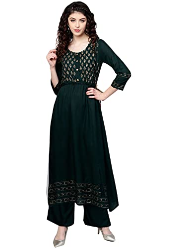 Image of ishin Women's Rayon Green Printed Anarkali Kurta