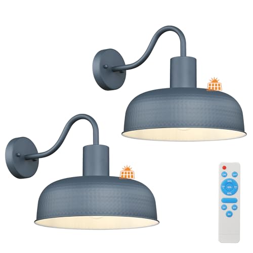 Image of Darkaway 2pcs Solar Barn Light, Industrial Outdoor Wall Light Dusk to Dawn Wall Sconce Gooseneck Exterior Wall Mount Lighting with Hammered Dome Metal Shade for House Garage Porch Entry Hallway