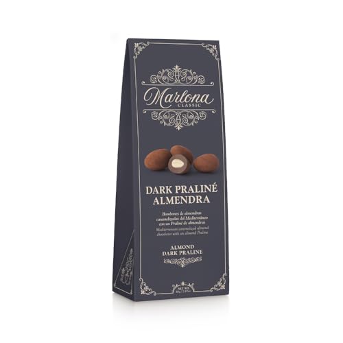Marlona Dark Praliné: Bombones de almendras caramelizadas del Mediterráneo con un Praliné de chocolate negro. Estuche de 80g