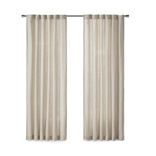 Image of Madison Park Linen Blend Curtain Window, Thermal Insulated Fleece Lining, Living Room Decor Light Filtering Drape for Bedroom, 1-Single Panel Pack Fits 1.25 inch Rod, Beals, 50x84 Rod Pocket Top, Natural
