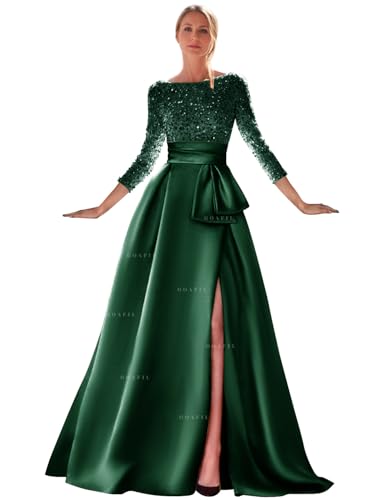 Sequin Long Sleeve Prom Dress 2025 Long Ball Gown Satin Formal Evening Gown Boat Neck Wedding Guest Dresses for Women4