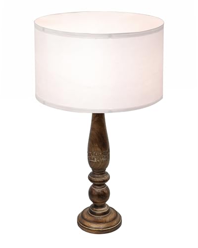 Image of Homesake Floral Carved Wood Table Lamp with Shade | Handcrafted Bedside Lamp, E27 Holder| Bulb Included |Warm Light Night Lamp, Bedroom, Living Room, Study & Home Decor, KD Off-White Drum