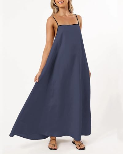 Image of Senllen Women's Linen Dress Summer Loose Flowy Sundress Contrast Spaghetti Strap Sleeveless Backless Beach Maxi Long Dresses