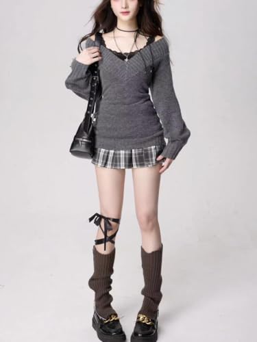 Image of Women Vintage Coquette V-Neck Slim Fit Sweater Y2K Aesthetic Long Sleeve Knitted Pullovers Top