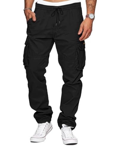 TARAINYA Cargohose Herren Baumwolle Baggy Hosen Stretch Outdoorhose mit Kordelzug und Taschen Schwarz XL