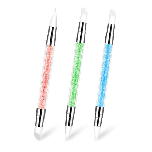 AHQiZFX 3 Pcs Nail Art Sculpture Pen, Dual Tipped Silicone Nail Tools, Silicone Head Acrylic Handle Nail Art Brushes, Rhinestone Nail Polish Carving Pen, Nail Art Tools for Home Salon(White, Pink, Orange)