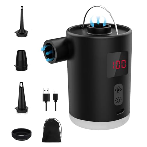 Bomba de aire eléctrica con luz LED, bomba de aire de 4 kPa con 4 boquillas, inflado y desinflado rápido, bomba eléctrica de 4000 mAh con indicador LED, bomba de aire portátil para colchón de aire