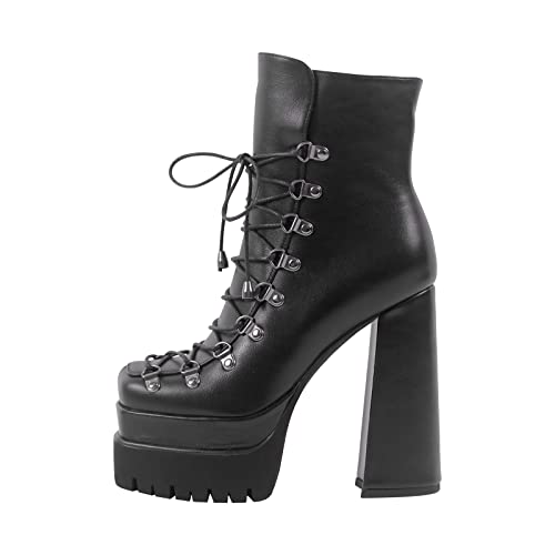 onlymaker Double Platform Ankle Boots Chunky High Heels Lace up side Zippers Square Toe Platform Booty - Main Image