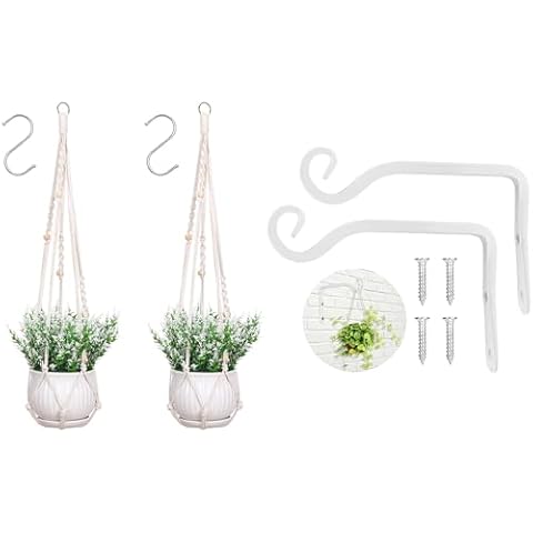 onepeng 2 Pack 35 Inch Macrame Plant Hangers Indoor Hanging Planter Basket+ 2 Pack 6 inch Metal Wall Plant Hook Plant Hanger Indoor-White Cover