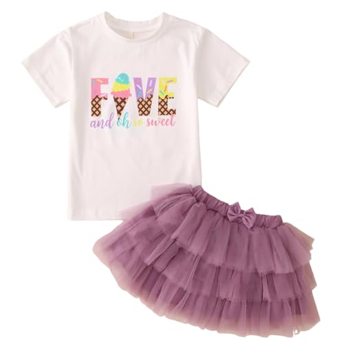 KEKEMI Toddler Girl Birthday Outfits 2nd 3rd 4th 5th 6th 7th Ice Cream Birthday Shirts Tutu Skirt Set Cake Smash 2Pcs Outfit
