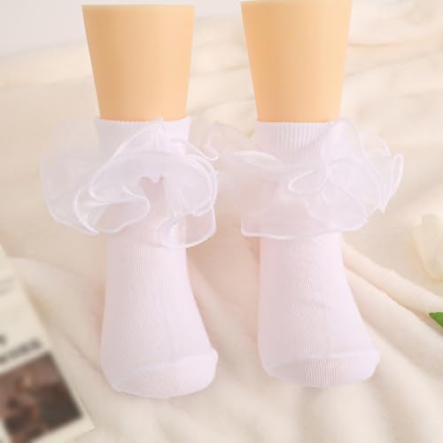 3 Pairs Toddler Large Ruffle Socks Lace Frilly Socks Girls White Cotton Socks Cute Casual Socks Breathable Ankle Socks XS2