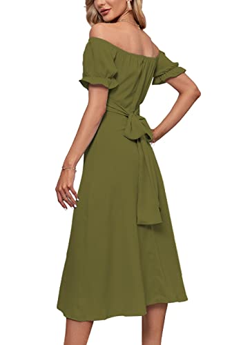 Image of LYANER Women's Off Shoulder Wrap Ruffle Puff Short Sleeve Ruched Tie Back Dress