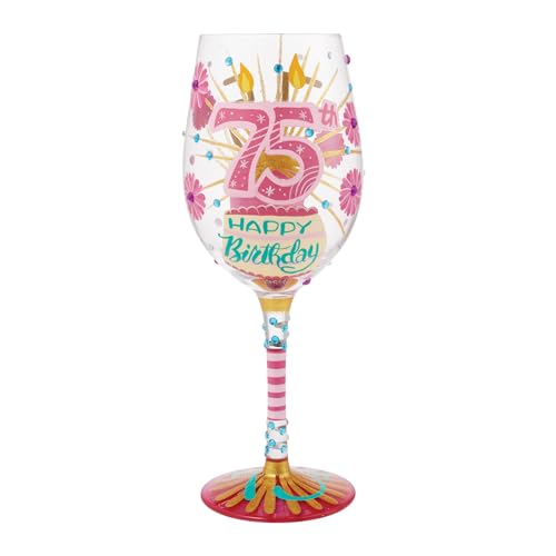 Enesco Lolita Happy 75th Birthday Hand-Painted Artisan Wine Glass, 15 Ounce, Multicolor