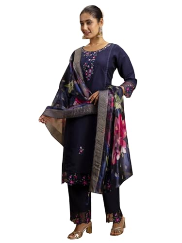 Image of VredeVogel Kurta Set with Dupatta | Viscose Roman Silk Embroidered Kurta Set for Women | Women's Ethnic Casual Kurti Set |Kurta Pant Festive Suit