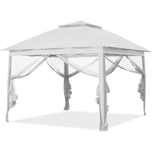 GDY 11x11 Pop Up Canopy Tent, Outdoor Canopy with Netting, Outdoor Gazebo for Backyard, Tent with Hand Bag, White.