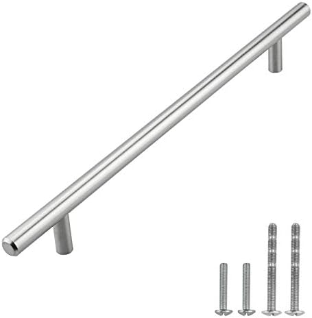 Modket Brushed Nickel T Bar Pull Handle — 10-1/8" (256mm) Hole Centers, 12" Overall Length Modern Kitchen Cabinet Door Drawer Hardware/Dresser