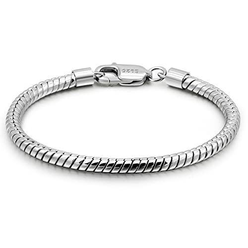 Italy Smooth 3MM 4MM Round Snake Chain Bracelet Solid 925 Sterling Silver Men Women 6.3