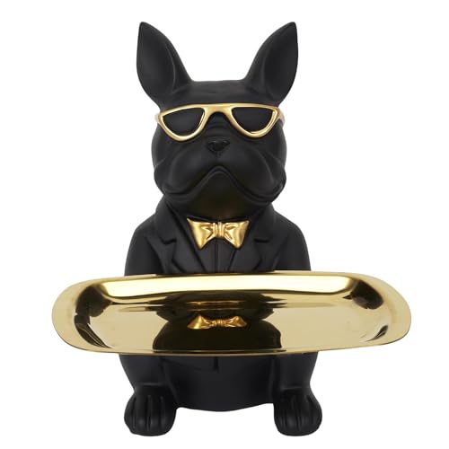 PZL CONCEPT Sculpture Vide-Poche Bulldog Noir avec Plateau Doré | Statue de Chien Décorative 21 cm en Résine | Organisateur Pratique pour Clés et Petits...