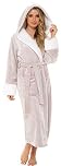 KATE MORGAN Ladies Dressing Gown Fluffy Super Soft Hooded Robe for Women Plush Fleece Perfect Loungewear Long Robes Gifts for Women Beige 8-10