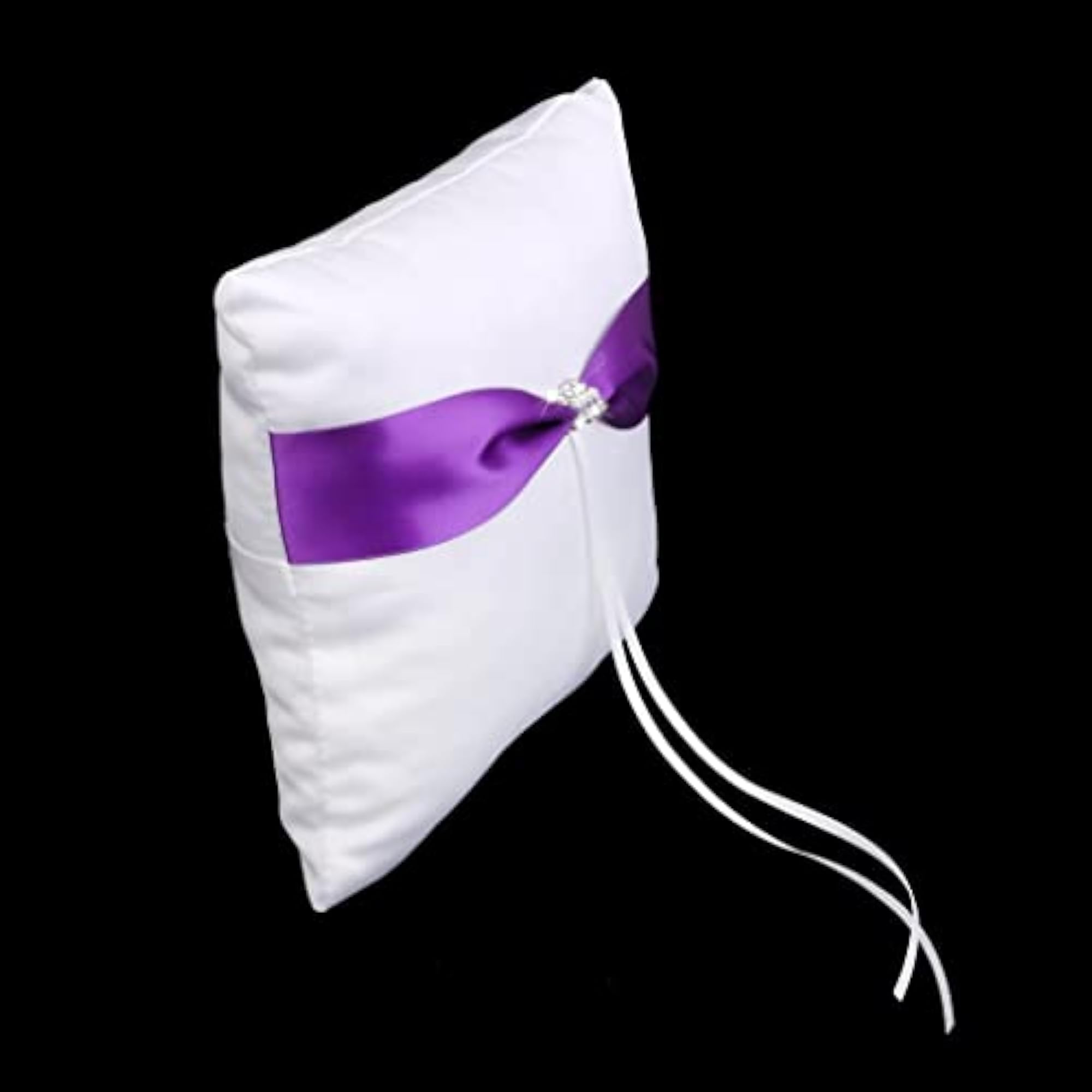 Wedding White Satin Ring Bearer Pillow with Purple Ribbon