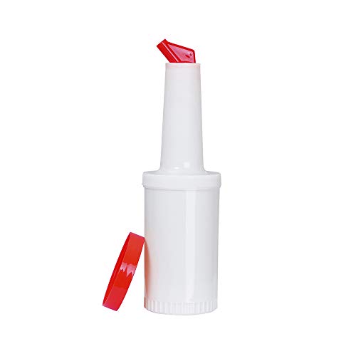 Store N Pour 1 Qt. Bar Storage Container with Red Pour Spout and Cap, 32 oz Flow N Stow Fruit Juice & Liquor Bar Pour Bottle, Professional Bartender Supplies