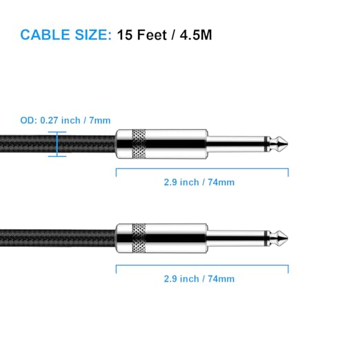 Image of New Bee Guitar Cable 15ft Electric Instrument Cable Bass AMP Cord Straight to Straight for Electric Guitar, Bass Guitar, Electric Mandolin, Pro Audio, Black