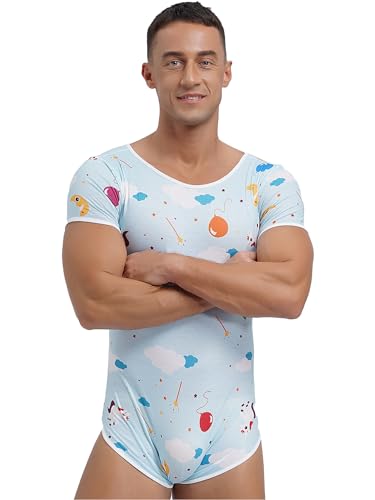 FEESHOW Men's Short Sleeve Bodysuit Leotard Tops Button Crotch Underwear Sexy Romper Pajamas Nightwear