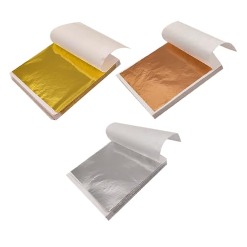 Mikikit Láminas de Pan de Oro 300 Piezas Imitación de Pan de Oro en Colores Dorado Plata y Rosa Papel Metálico para Manualidades Decoración Artesanal y Bricolaje