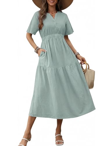 Celmia Cotton Dress for Women Summer V Neck Short Sleeve