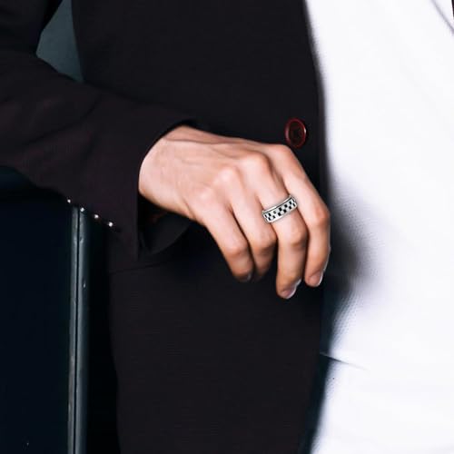 Checkered Fidget Ring for Men - 8mm 18K Gold Plated Stainless Steel Anxiety Spinner Jewelry for Adults, Modern Black and White Checkerboard Roating Ring for Stress Relief Gift for Men Women3