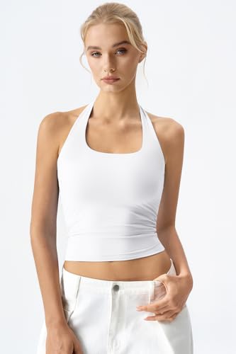 Image of QINSEN Womens Halter Top Double Lined Tank Top Sleeveless Open Back Slim fit Going Out Tops